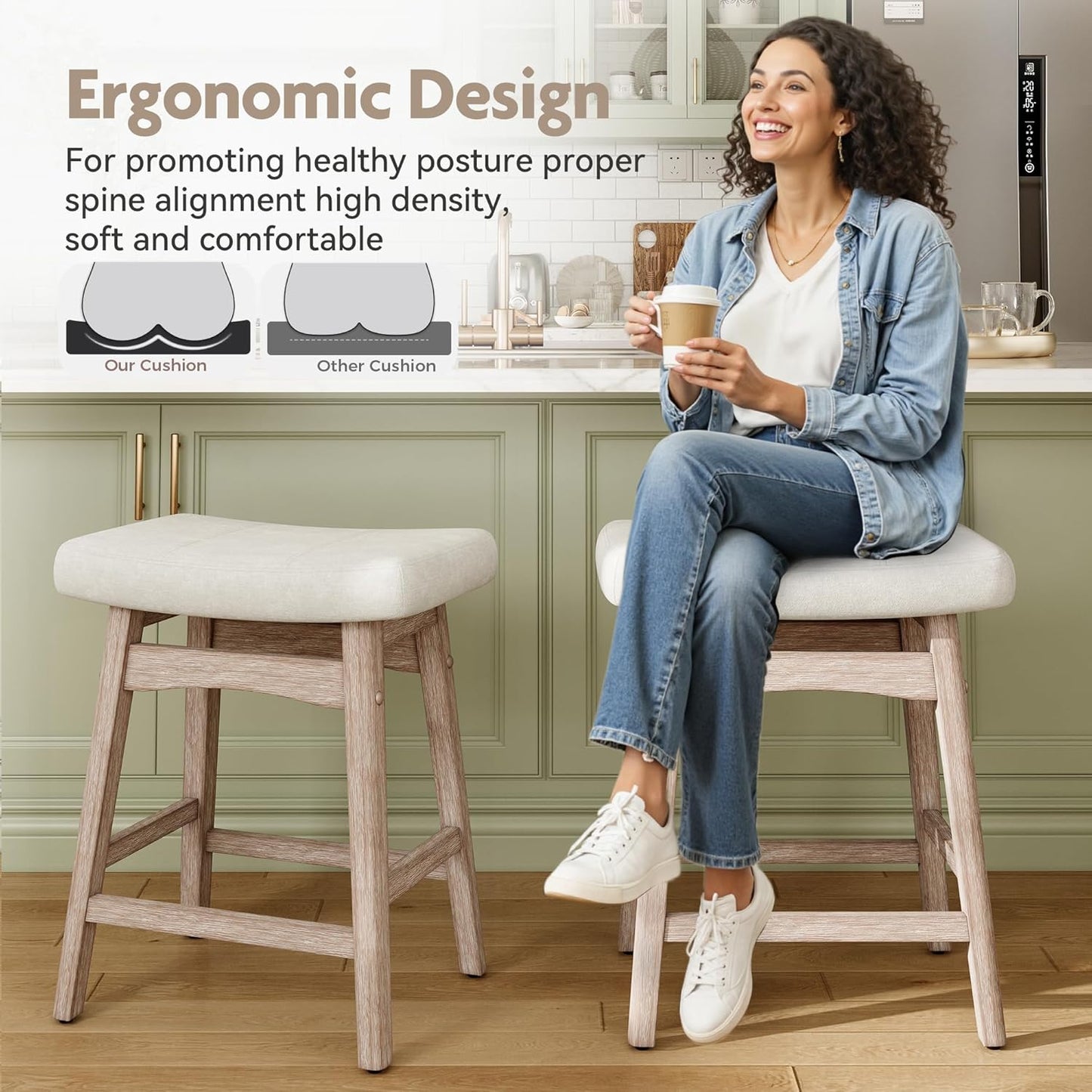 Counter Height Bar Stools Set of 2 for Kitchen Counter Solid Wood Legs with Fabric Saddle Seat Farmhouse Barstools for 34"-38" Counter Island Upholstered Stools, 24In, Creamy White