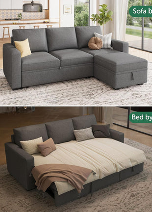 Elegant L-Shaped Modular Sectional Sleeper Sofa with Pull-Out Bed and Integrated Storage in Dark Grey