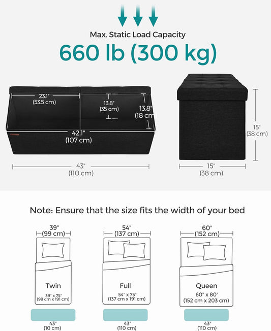 MAZIE Collection - 43 Inches Folding Storage Ottoman Bench, Ottoman Foot Rest, End of Bed Bench, Storage Chest, Load 660 Lb, for Living Room, Bedroom, Entryway, Ink Black ULSF077B01