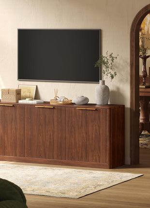 67-Inch Fluted Walnut Buffet Cabinet Sideboard with Ample Storage, Mid-Century Modern Credenza Featuring Six Doors for Kitchen and Living Room (67" W x 31.5" H x 15.7" D)