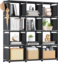 Book Shelf, 12 Cube Storage Organizer, DIY Bookcase, Metal Bookshelf,Tall Book Case for Bedroom, Living Room,Office,Closet, Black Cubicle Rack