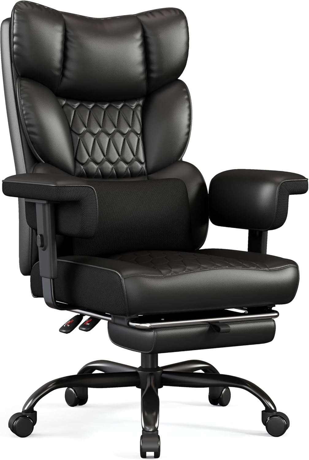 Big and Tall Office Chair with Footrest, High Back Executive Desk Chair with Adjustable Lift Armrest, 155°Recline，Lumbar Support Pillow, Faux Leather Gaming Chairs for Home or Office Black