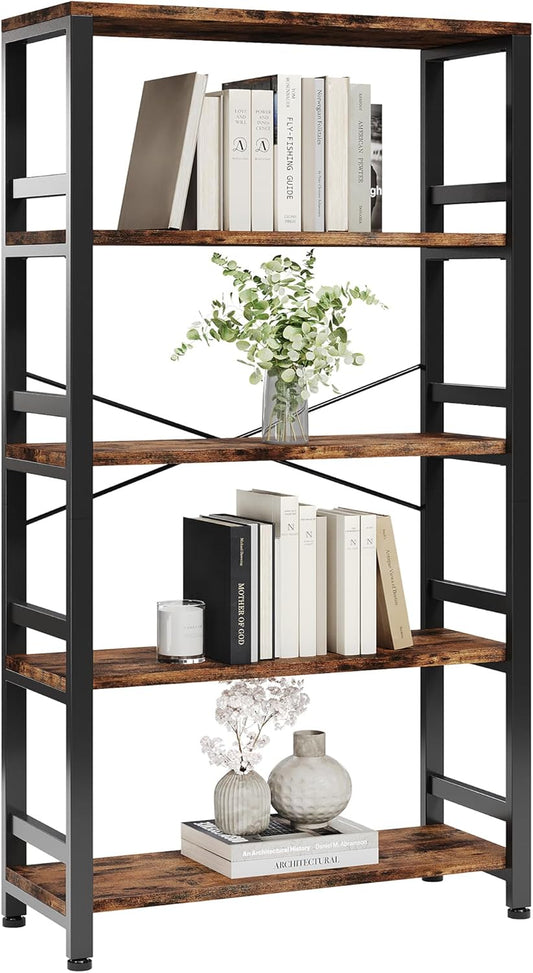 Bookshelves and Bookcases, 31.5In Wide Shelf 5-Tier Ladder Shelf 110Lbs/Shelf Vintage Industrial Style Bookcase for Bedroom Living Room Home, Vintage Brown
