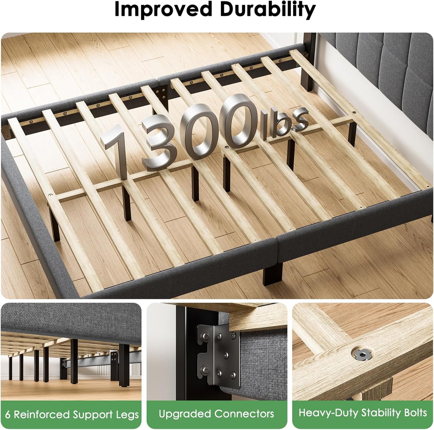 Queen Size Bed Frame, Sturdy and Durable with 12 Support Legs, 1300 Lbs Capacity, Solid Wooden Upholstered Adjustable Headboard for 6"-12" Mattresses, Easy Assembly, Ideal Height, Dark Gray