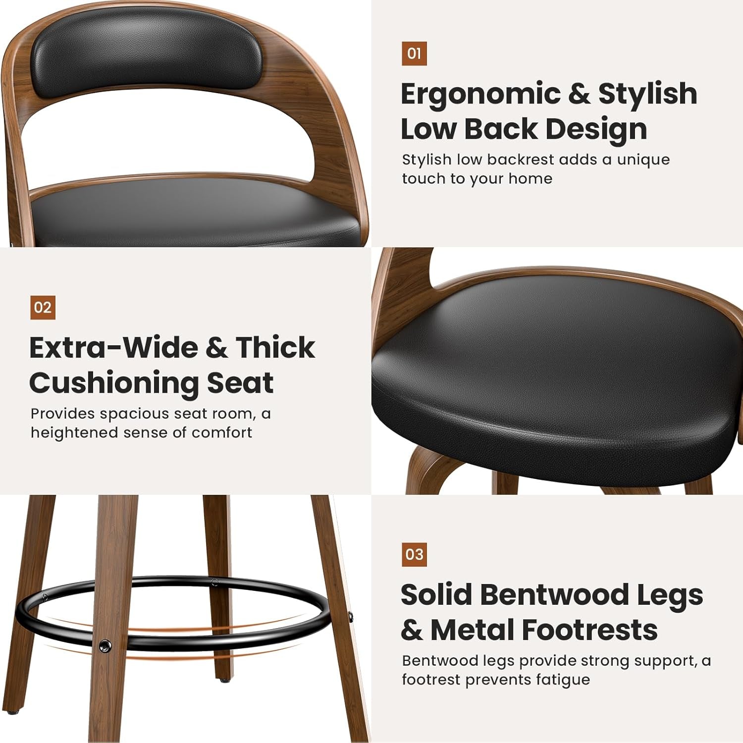 Swivel Bar Stools Set of 3, 26" Counter Height Bentwood Barstool, Mid-Century Modern PU Leather Upholstered Bar Chair with Back and Footrest, for Kitchen Island, Bar, Cafe, Dining Room, Black