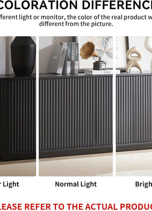 64-Inch Wooden Fluted Sideboard Buffet Cabinet with Adjustable Shelves for Kitchen and Living Room (Black)