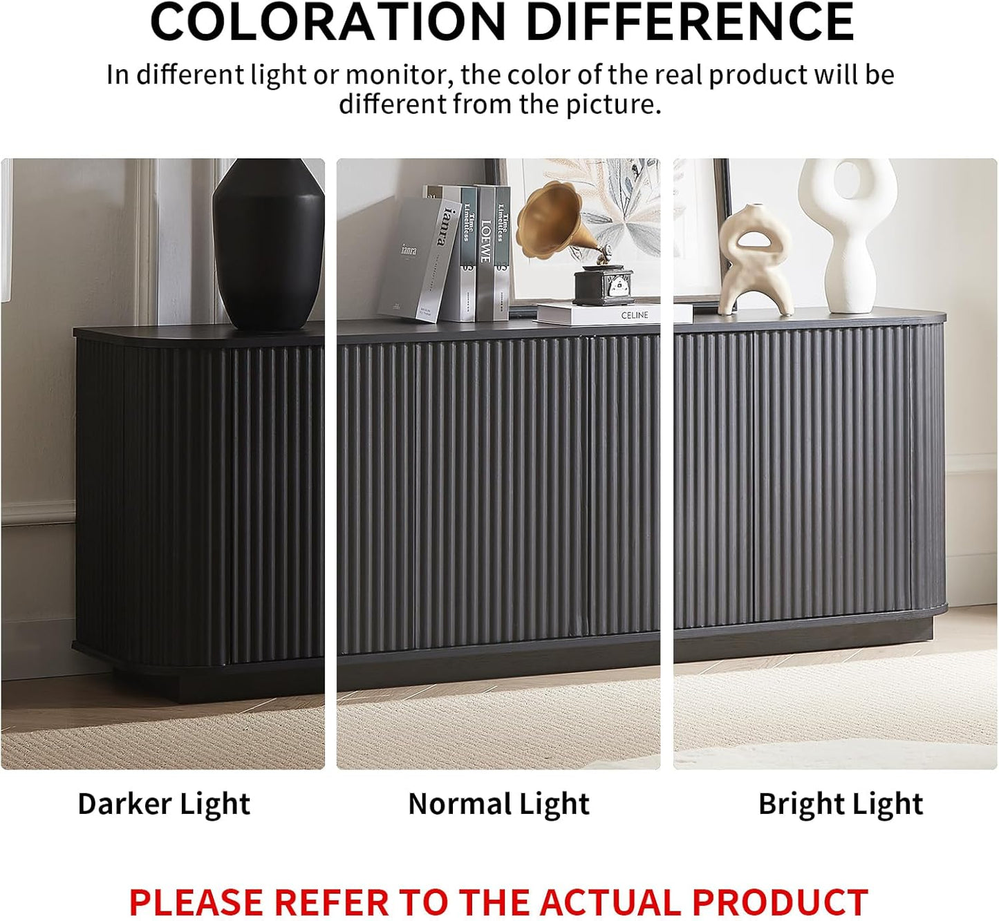 64" Sideboard Buffet Cabinet with Storage, Wooden Fluted Storage Cabinet Sideboard Credenza with Adjustable Shelves Pressed Spring for Kitchen Living Room (Black)