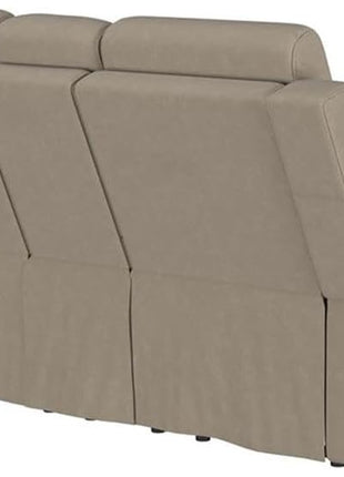 Faux Leather Motion Reclining Loveseat with Center Console and Cupholders in Taupe Finish, 71.25" W x 36.5" D x 39.25" H, Contemporary Plush Design for Living Room or Den