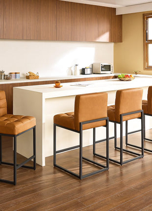 Contemporary Set of 2 Counter Height Bar Stools, 25" Brown Faux Leather with Back, Durable Metal Legs, Upholstered Checkered Design for Kitchen Island