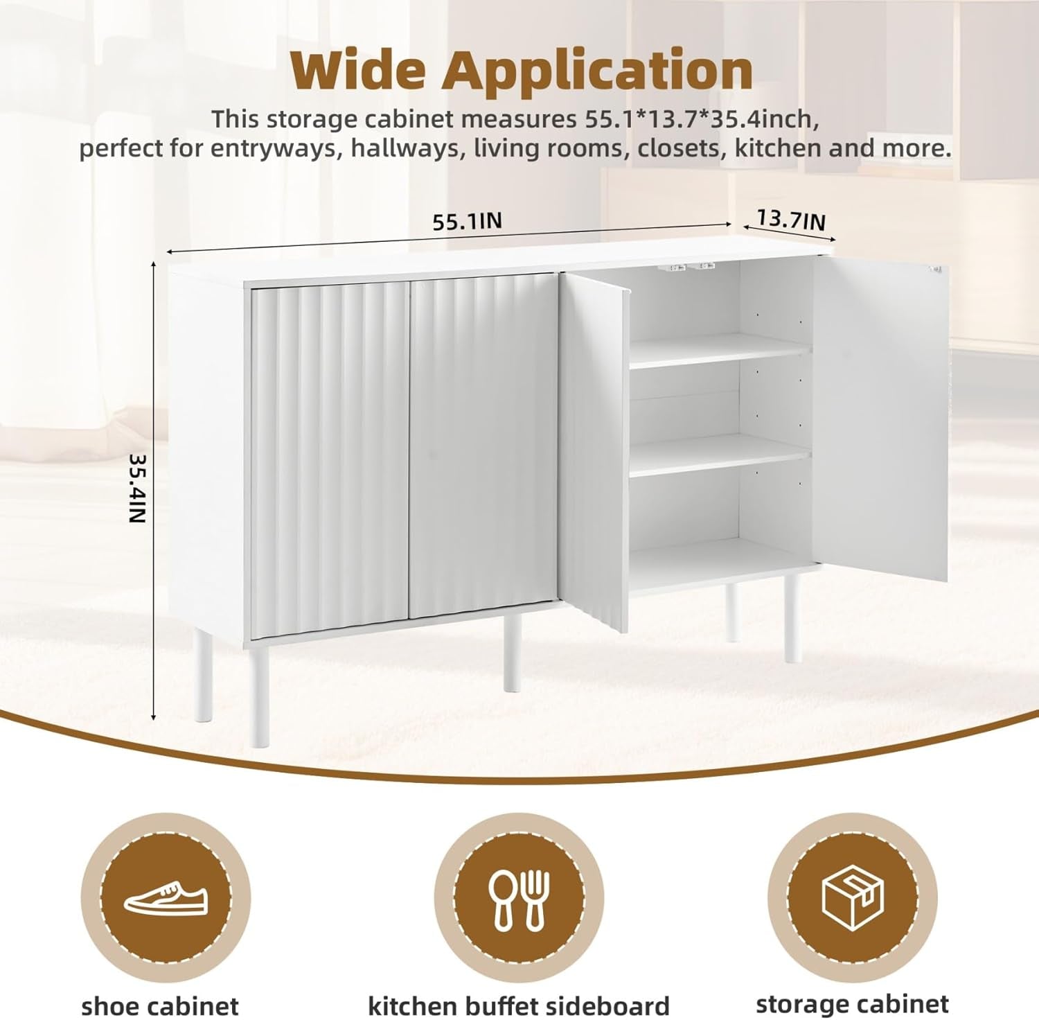 55” Shoe Cabinet Storage for Entryway with 4-Door, Freestanding Sideboard Buffet Hidden Table Organizer for Dinning Kitchen Living Room, Solid Wood Legs, Adjustable Shelves