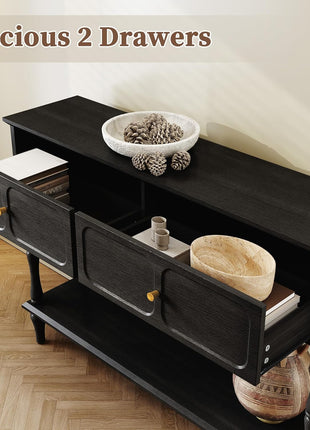 Mid-Century Modern Console Table with Drawers and Open Shelf for Entryway, Living Room, Foyer, and Hallway - Sleek Black Design