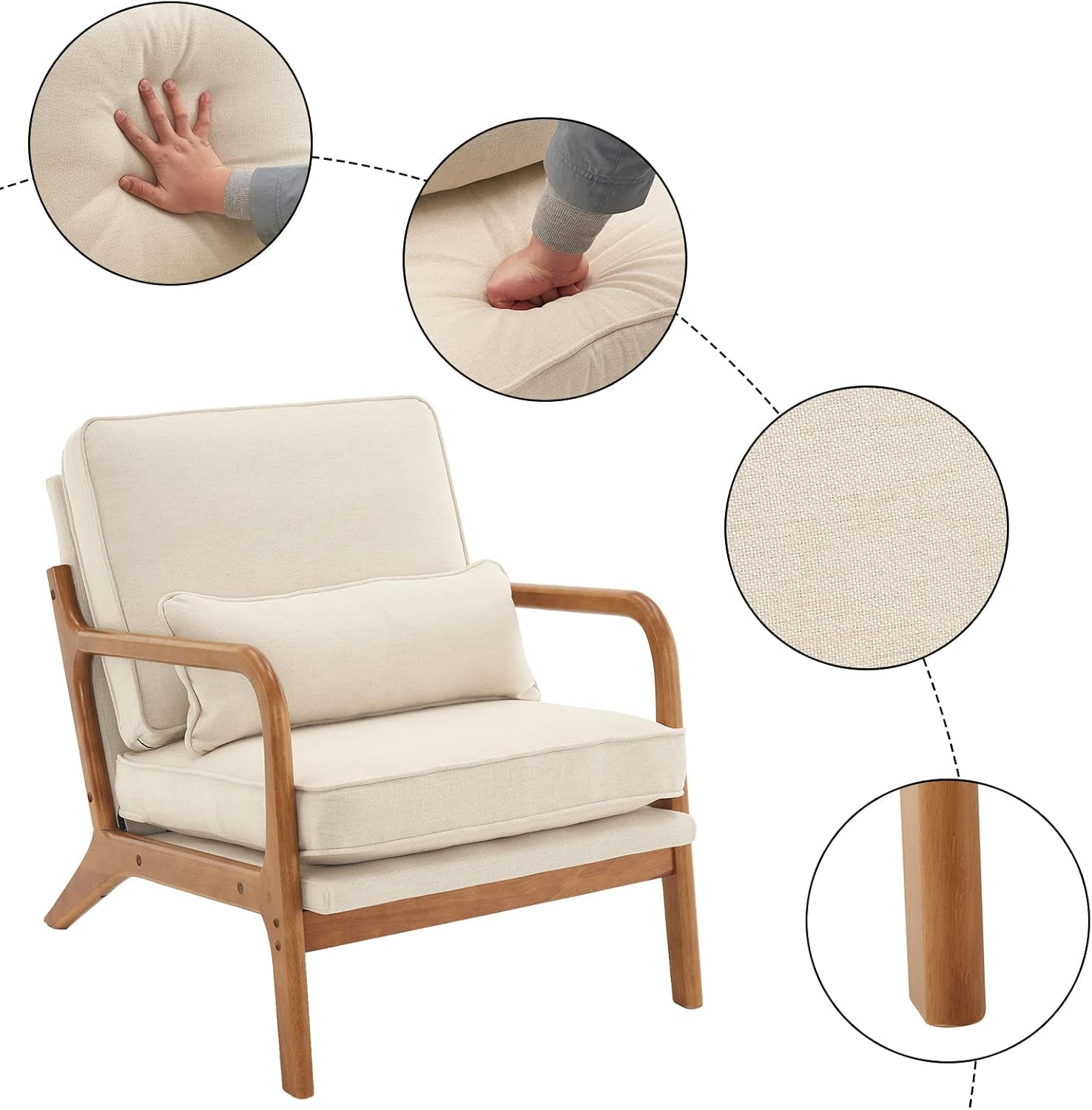 Fine Beige Accent Chairs Set of 2, Upholstered Mid Century Modern Lounge Fabric Chairs Reading Chairs Side Sitting Chair Solid Wood Farmhouse Armchairs for Living Room, Bedroom, Guest Room