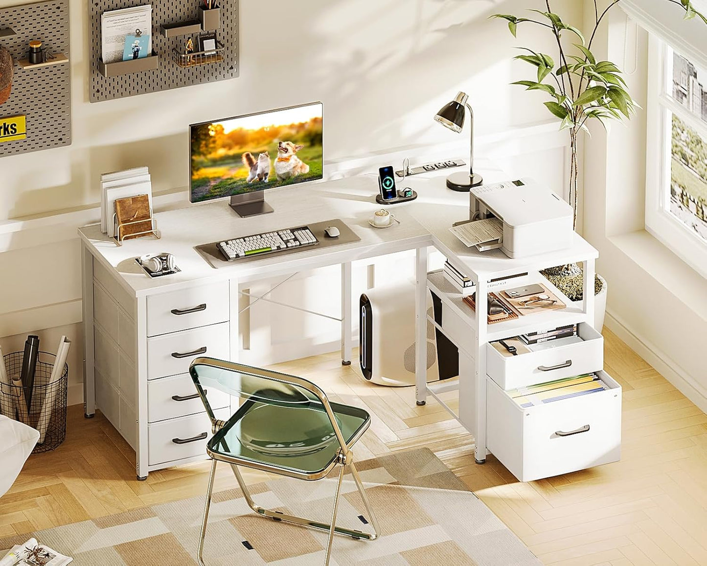 L Shaped Computer Desk with 6 Drawers & Power Outlet, 55 Inch Corner Desk with Reversible Storage Shelf & File Drawer, Home Office Desk, White
