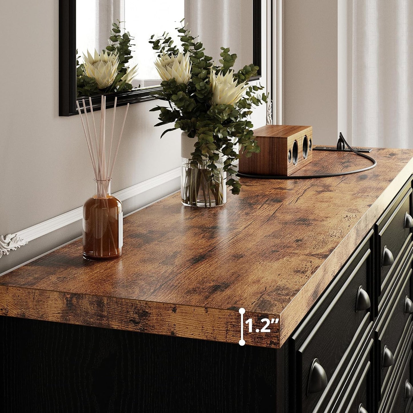 Farmhouse Bedroom Set, Power Strip, 4 Pieces Bedroom Furniture Set, 5 Drawer Dresser & 6 Drawer Dresser and 2 Nightstands, Chest of Drawers Wide Storage Cabinet for Bedroom, Black