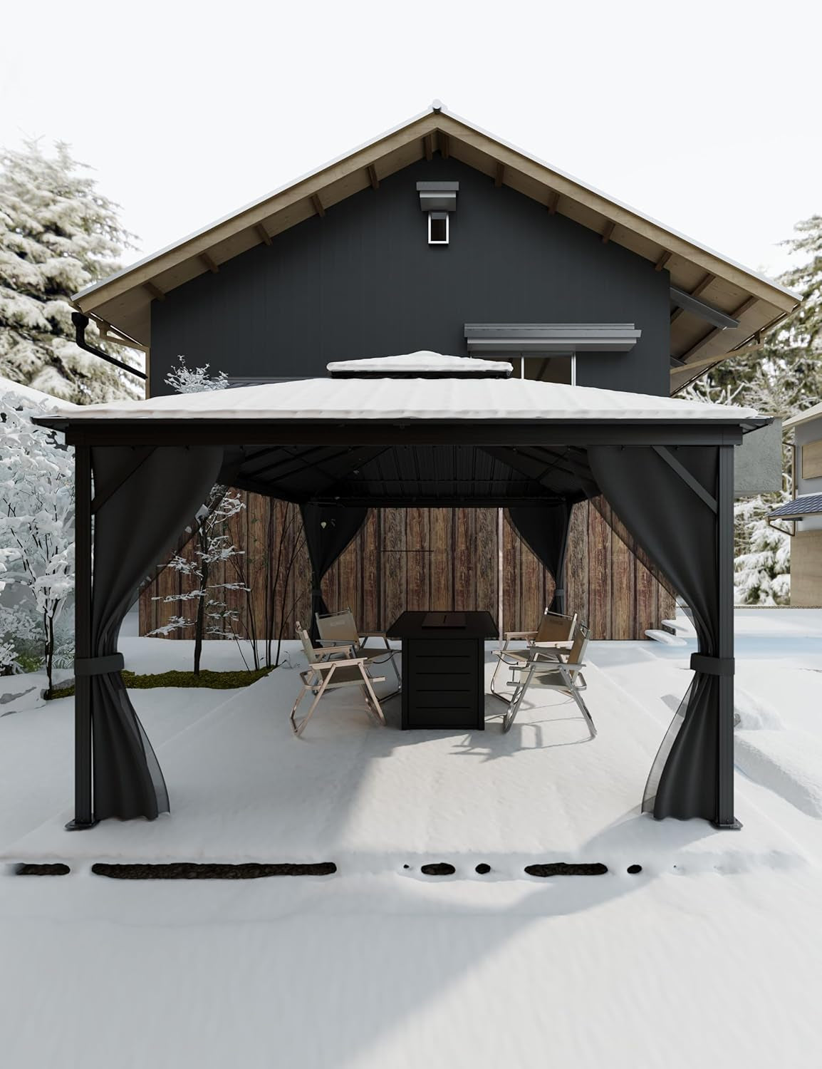 Hardtop Gazebo 12 Ft X16 Ft for All Weather, with Double Metal Roof, Net, and Curtain, Permanent Building for Patio, Deck, Backyard, Lawn, and Garden