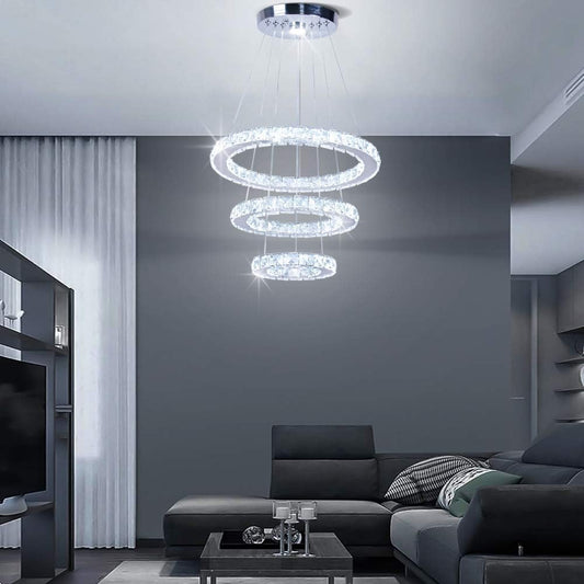 3-Ring Crystal LED Chandelier Modern Ring Pendant Light,47W Cool White (4500K-6000K) K9 Crystal&Stainless Steel, Adjustable Height for Dining Room Kitchen Island Living Room Foyer