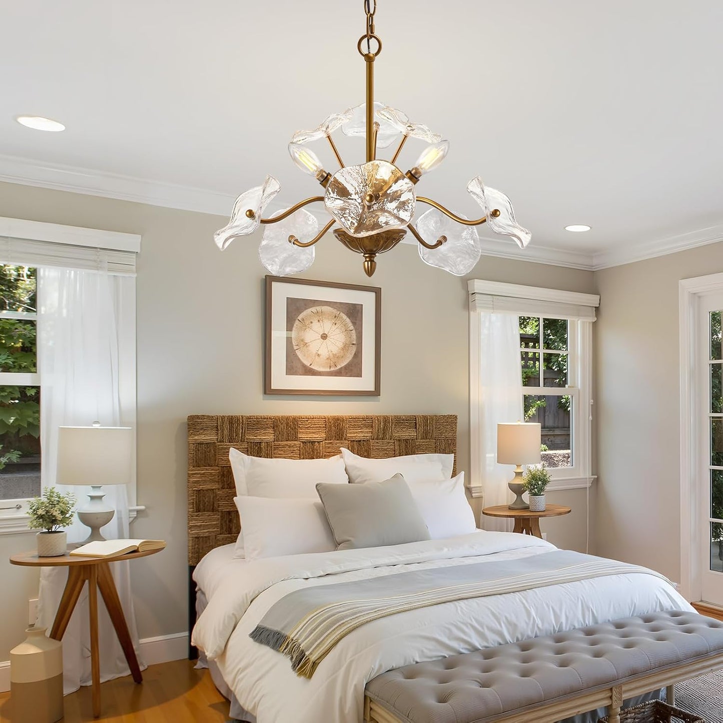 Modern Gold Chandelier,Vintage Brass Flower Glass Pendant Light Fixture,Mid Century Ceiling Light Fixture for Dining Room, Kitchen, Living Room, Bedroom Hallway Porch,3 Lights