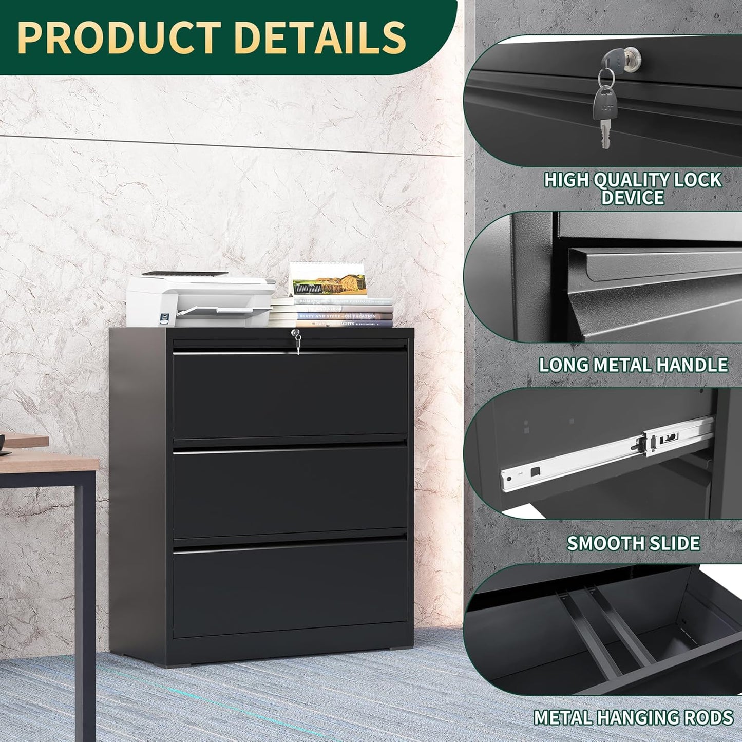 3 Drawer Lateral File Cabinet with Lock, Metal File Cabinets for Home Office, Steel Heavy-Duty Filing Storage Cabinet for Letters/Legal/A4 (Require Assembly, Black)