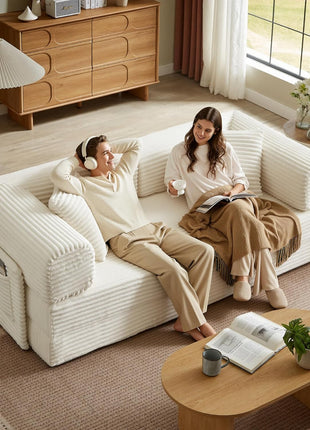 Oversized White Corduroy Futon Sofa Bed - Elegant Boneless Folding Couch for Living Room