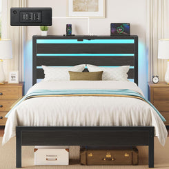 Bed Frame Twin Size with USB Charging Station, LED Bed Frame with Wood Storage Headboard, Black Metal Platform Bed with under Bed Storage, No Box Spring Needed, Noise Free