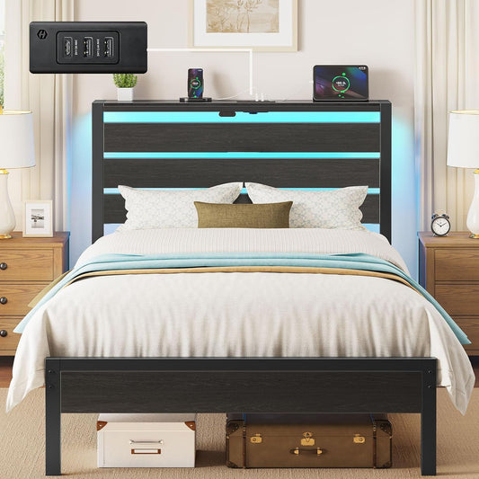 Bed Frame Twin Size with USB Charging Station, LED Bed Frame with Wood Storage Headboard, Black Metal Platform Bed with under Bed Storage, No Box Spring Needed, Noise Free