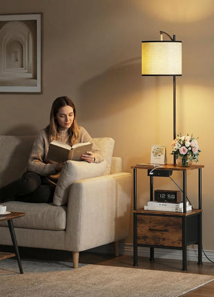 Set of 2 Rustic Brown Floor Lamps with End Tables, Integrated Charging Station and USB Ports, Nightstands with Fabric Drawers, 3 Color Temperature LED Lighting for Living Room and Bedroom, 14.9" W