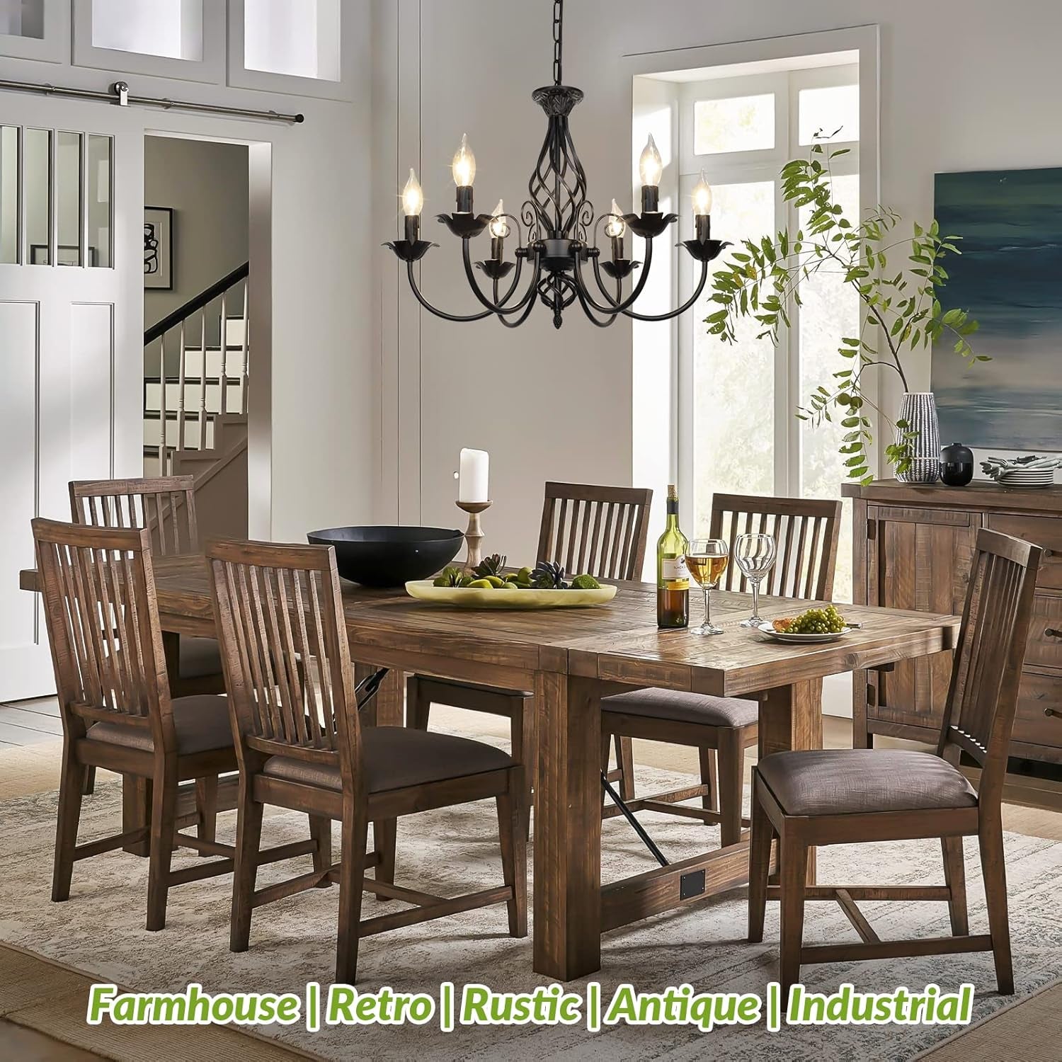 6-Light Farmhouse Candle Chandelier for Living Room, Rustic Industrial Pendant Ceiling Light Fixture, Vintage Hanging Lamp for Bedroom Hallway Kitchen Dining Room Foyer, Matte Black E12 Socket