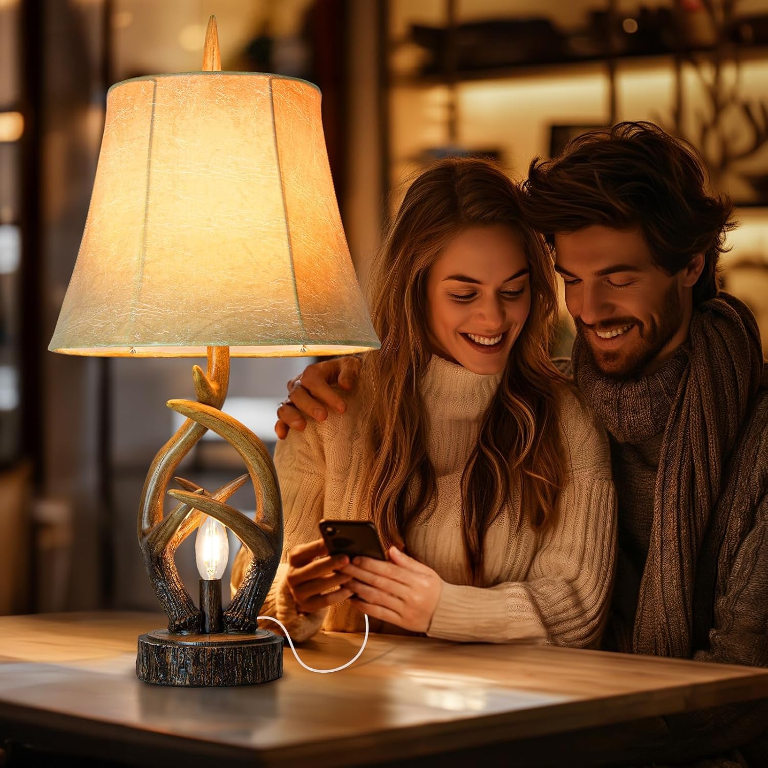 Rustic Farmhouse Antlers Bedside Table Lamp Set of 2 with Nightlight Dual USB Ports Leather Soft Bell Shade Brown Finish Nightstand Lamp Decor for Living Room Bedroom Office House Hotel