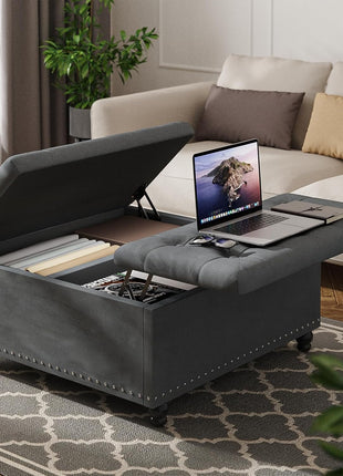 35-Inch Large Square Ottoman with Storage – Oversized Lift-Top Coffee Table Featuring Wood Legs and Tufted Upholstered Design for Living Room in Gray