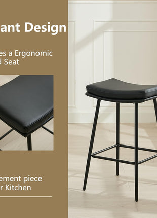 Set of 3 Contemporary 26-Inch Black Leather Backless Saddle Bar Stools with Dual-Layer Cushion and Metal Legs for Kitchen Counter and Dining Room