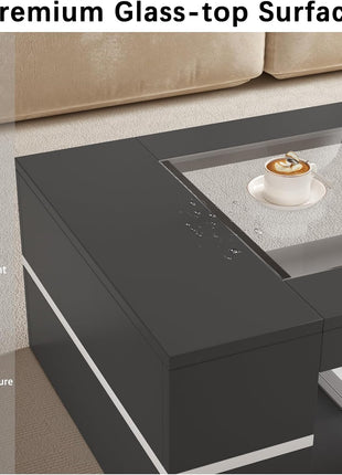 47.2" Contemporary Rectangular Glass-Top Coffee Table with Dual-Tier Wooden Storage for Living Room, Black