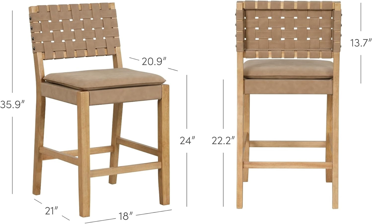 Cohen Mid-Century Modern Leather Bar Stool, Counter Height Chair in Solid Wood Frame with Footrest and Woven Leather Back for Kitchen, Natural Brown, 1 Count, Barstool - 24"