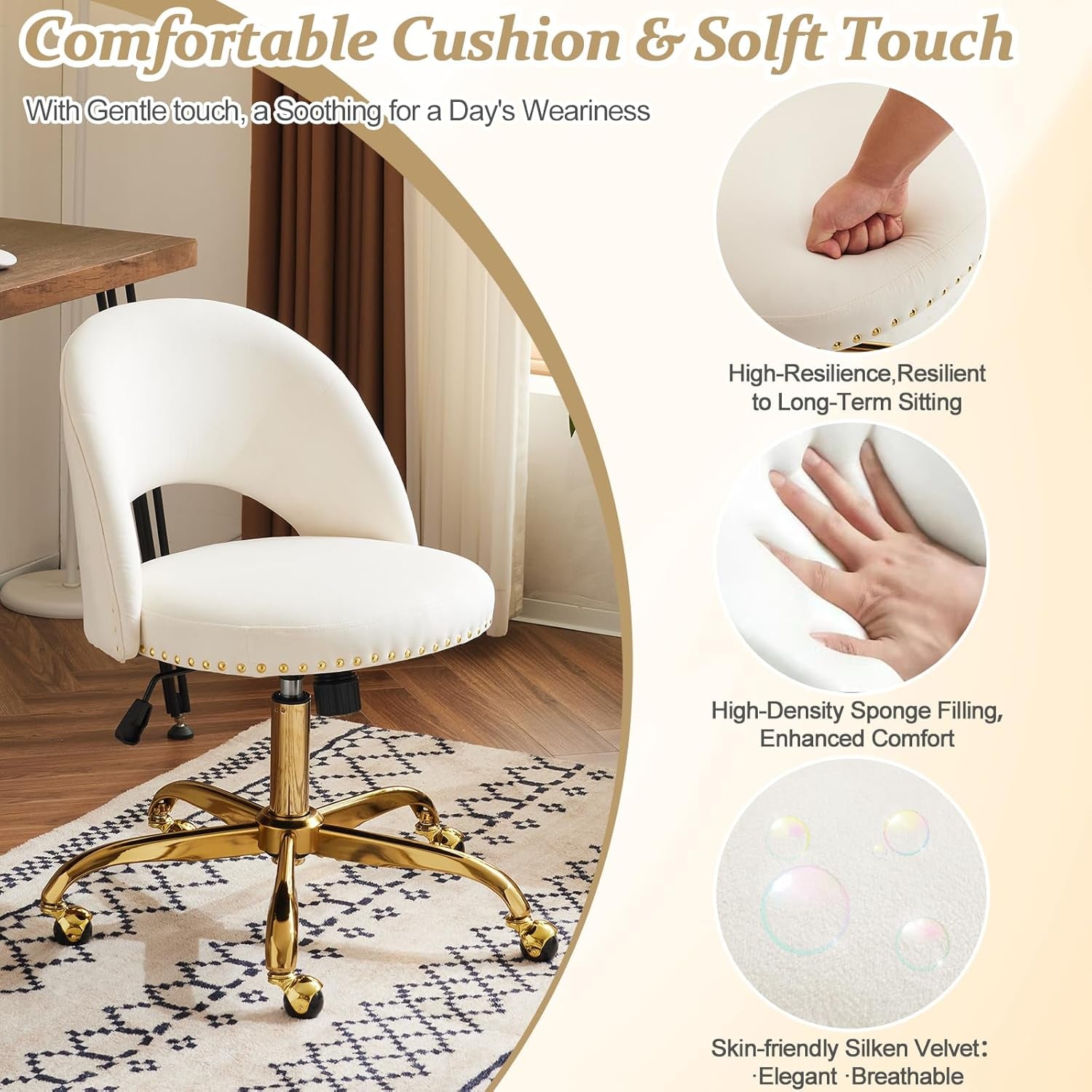 Modern Velvet Small Office Chair,Cute Desk Chair with Wheels,Gold Base/Studs, Comfy Armless Swivel Vanity Task Chair for Women/Girl/Kids, Nail Tech Chair for Bedroom,Small Space,White
