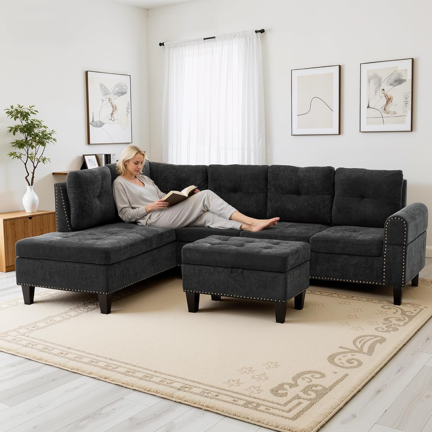 97.5" L Shaped Couch Set, Modular Sectional Couches for Living Room with Storage Ottoman, 4 Seat Home Sofa Living Room Furniture Sets with Chaise for Apartment Office (Linen, Dark Grey)