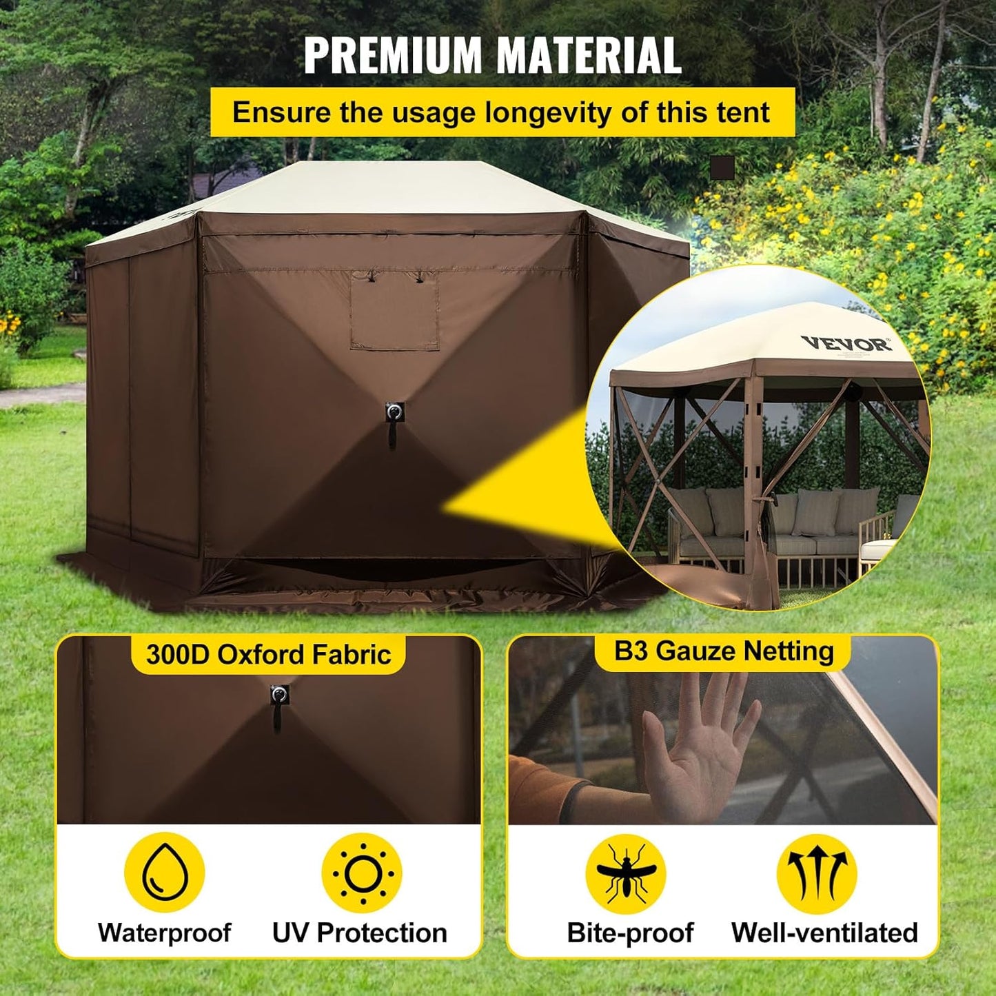 Pop up Gazebo Screen Tent, Pop-Up Instant Gazebo Tents with Mosquito Netting Outdoor Canopy, 6 Sided Sun Shelter 10X10Ft with 6 Removable Wind Cloths & 2 Mesh Windows, Pavilion Tent for Patio