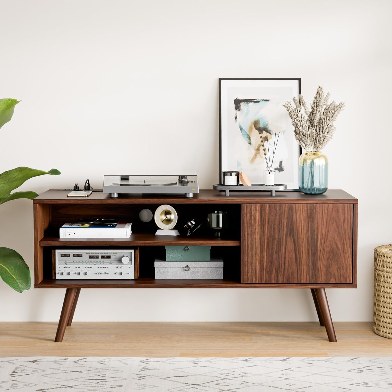 TV Stand for 48 Inch TV, Mid Century Modern Entertainment Center with Storage Cabinet, TV Media Console for Living Room, Bedroom, Dark Brown