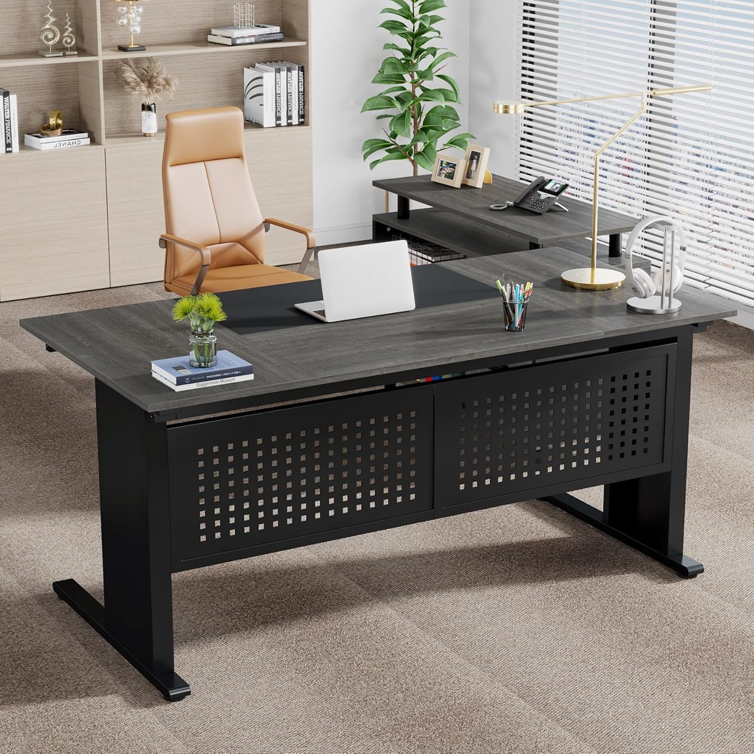 63 Inch Executive Desk with File Cabinet, L Shaped Office Desk with Drawers and Storage Shelves, Business Furniture Set Workstation for Home Office, Gray and Black