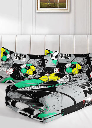 Twin Size Soccer Bedding Comforter Set with Football and Baseball Print, Sports-Themed Room Decor for Teen Boys, Gray and Black Hexagonal Pattern with Two Pillowcases.