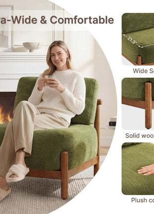 Mid-Century Modern Upholstered Armless Lounge Chair with Wooden Frame and Plush Moss Green Seat for Living Room and Bedroom