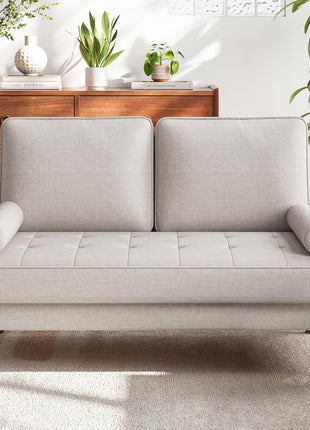 Mid-Century Modern Loveseat Sofa with Solid Wood Legs, 48" Small Couch for Living Room or Bedroom, Easy Assembly with Throw Pillow, Ashbeige