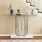 43" Modern Glass Console Table with Curved Chrome Frame & Faux Marble Base, Silver Narrow Sofa Table for Entryway, Living Room, Hallway, Home Office