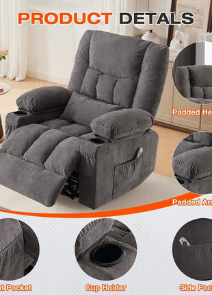 8-Point Massage Recliner Chair with Heated Rocking Feature for Adults, Oversized Recliner with Side Pocket and Two Cup Holders for Living Room Use