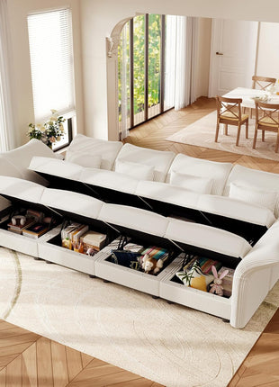Corduroy Modular Sectional Sofa with Storage Seat, Convertible Design for Living Room, Adjustable Armrests and Backs, Plush Cushions, Seating for 8, Beige | Tool-Free Assembly, Versatile Layout Options