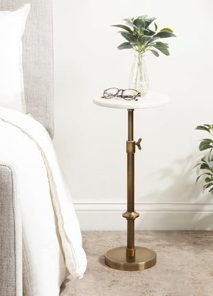 Engles Traditional Adjustable-Height Pedestal Drink Table - 10" x 10" x 30" - White Marble Top with Antique Brass Base - Vintage Round Indoor Metal Plant Stand