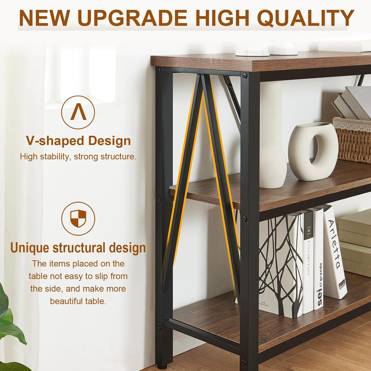 Entryway Console Table, Rustic Couch with Wide Storage, Industrial Sofa Tables with 3-Tier Open Shelves, Entryway Table for Living Room, Hallway, Brown, 55 Inch