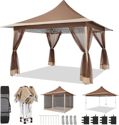12X12 Pop up Canopy Gazebo on Clearance, Outdoor Canopy Tent with Mosquito Netting & Waterproof Roof & Sandbags & Carrying Bag,Patio Portable Gazebo for Garden,For Backyard,Brown