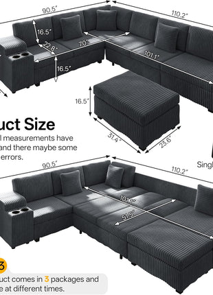 Spacious 110" L-Shaped Plush Corduroy Modular Sectional Sofa with Pull-Out Bed, 6-Seater Sleeper Couch, Ottoman, USB Ports, and Cup Holders - Effortless Assembly, Ideal for Living Room, Gray