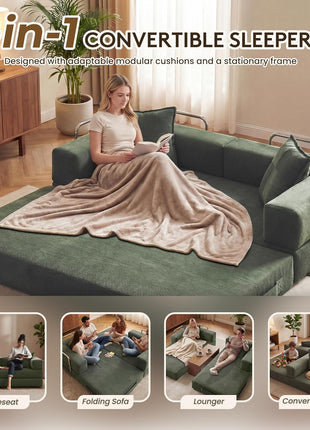 5-in-1 Convertible Green Sofa Bed with Removable Corduroy Cover and High-Density Foam, Includes 2 Pillows – Ideal for Living Room and Bedroom, No Assembly Required