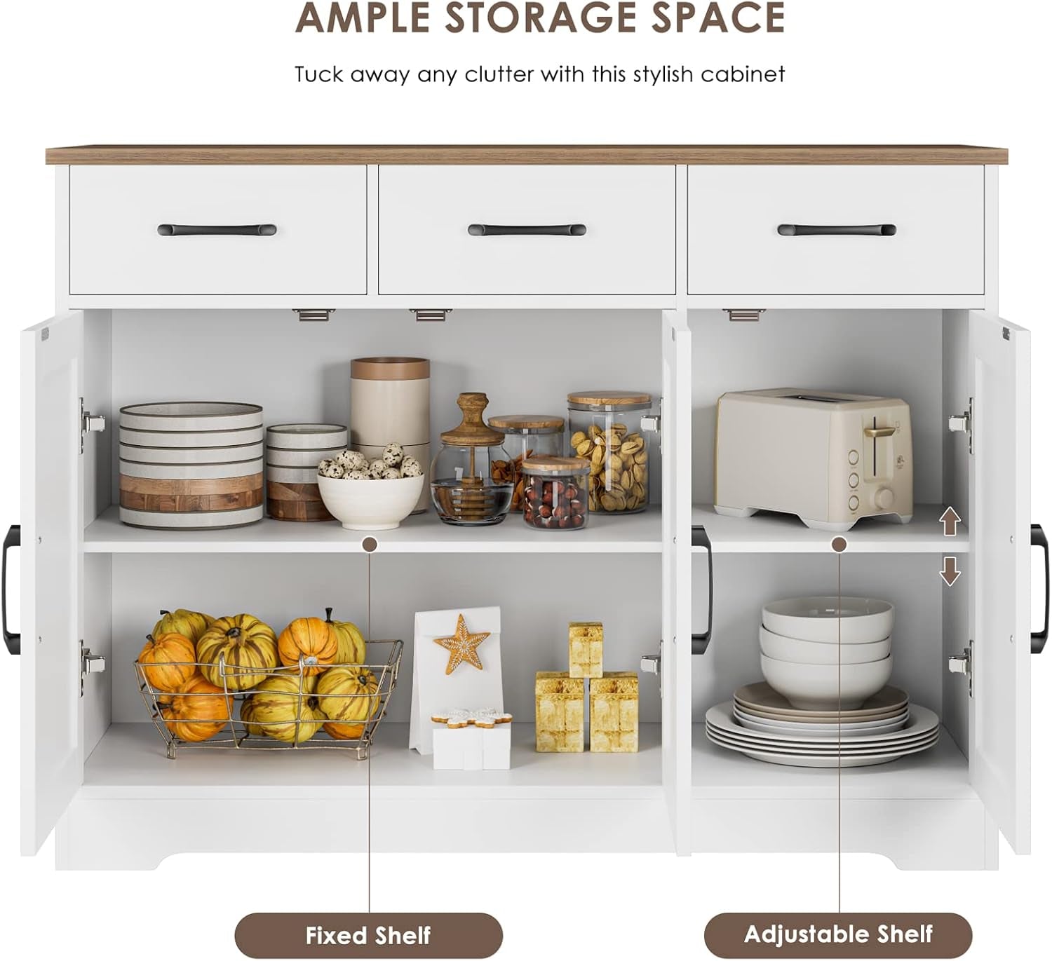 Modern Farmhouse Sideboard Buffet Cabinet, Barn Doors Buffet Storage Cabinet with Drawers and Shelves, Wood Coffee Bar with Storage for Kitchen, Dining Room, Living Room, White