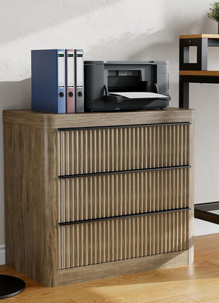 Set of 2 Fluted Nightstands with Charging Station, 3-Drawer Storage End Tables in Grey Alder for Bedroom and Living Room